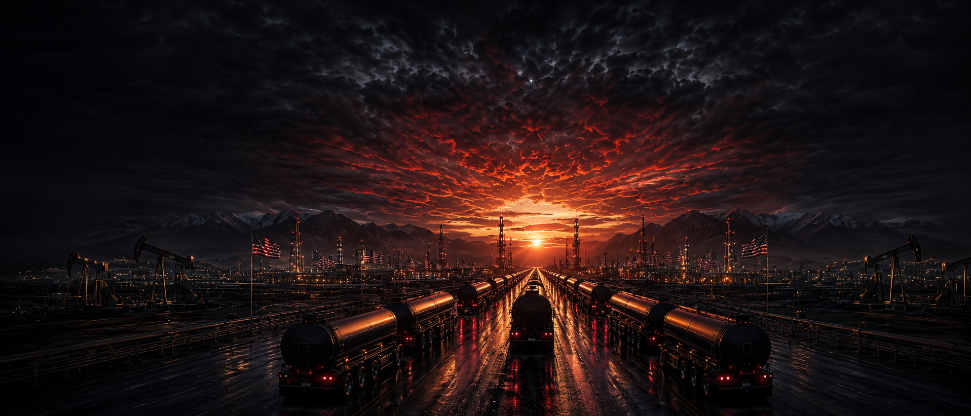 Tanker convoy departing at sunset